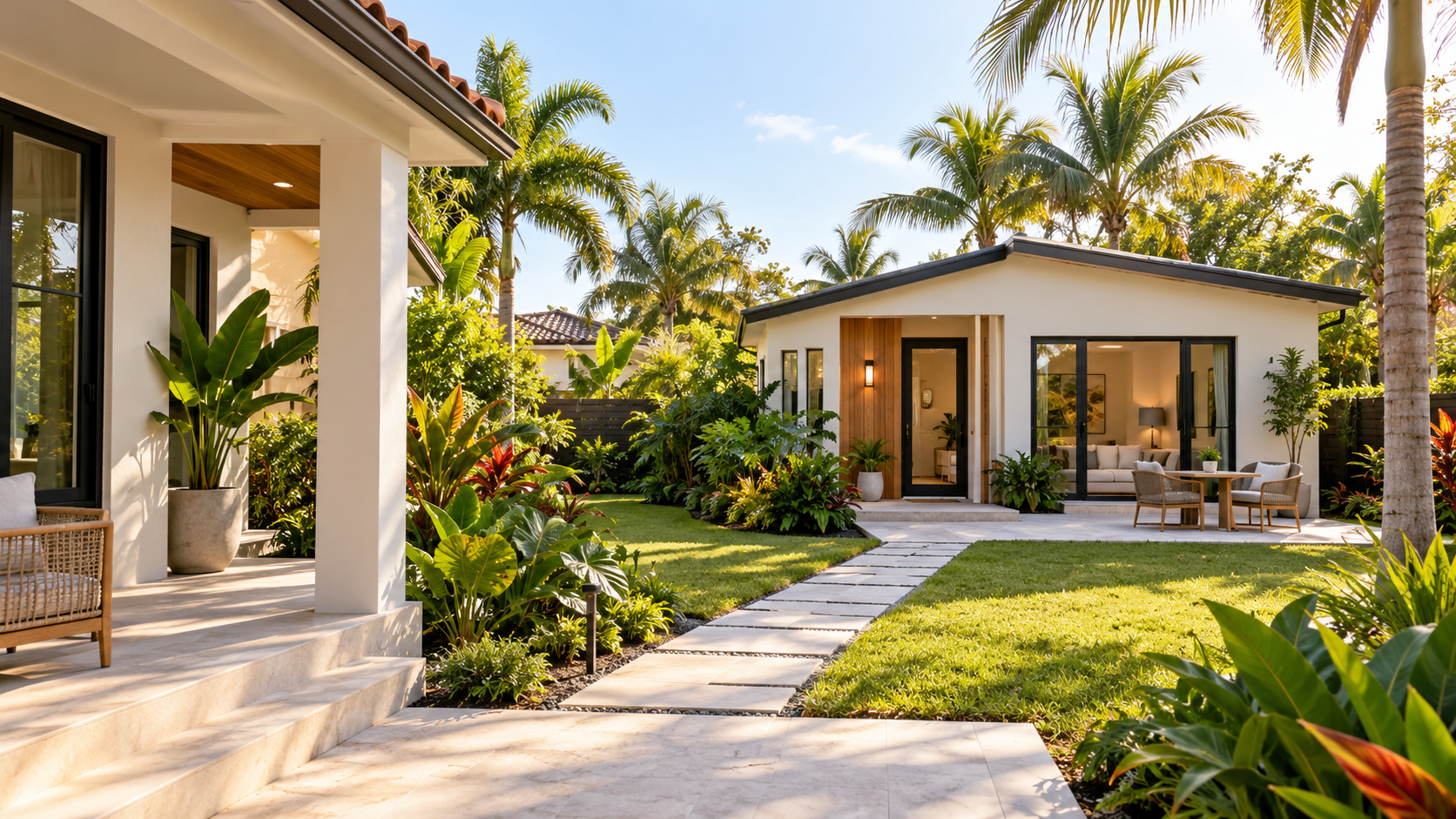 Concept illustration of a small detached backyard home beside a main house, with tropical landscaping.